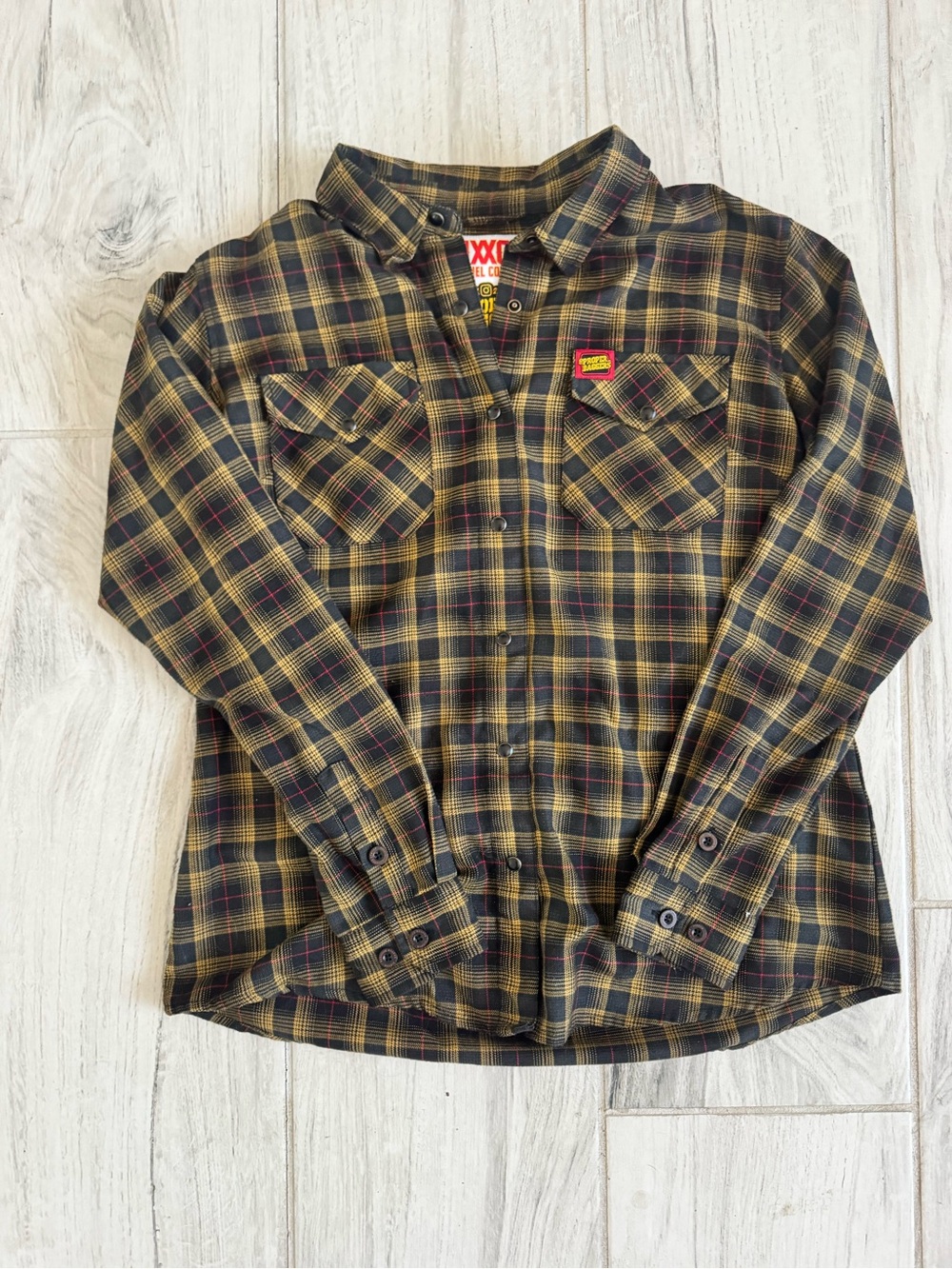 Dixxon Proper Bagger Yellow & Black Plaid Flannel Button-Up Shirt Women L